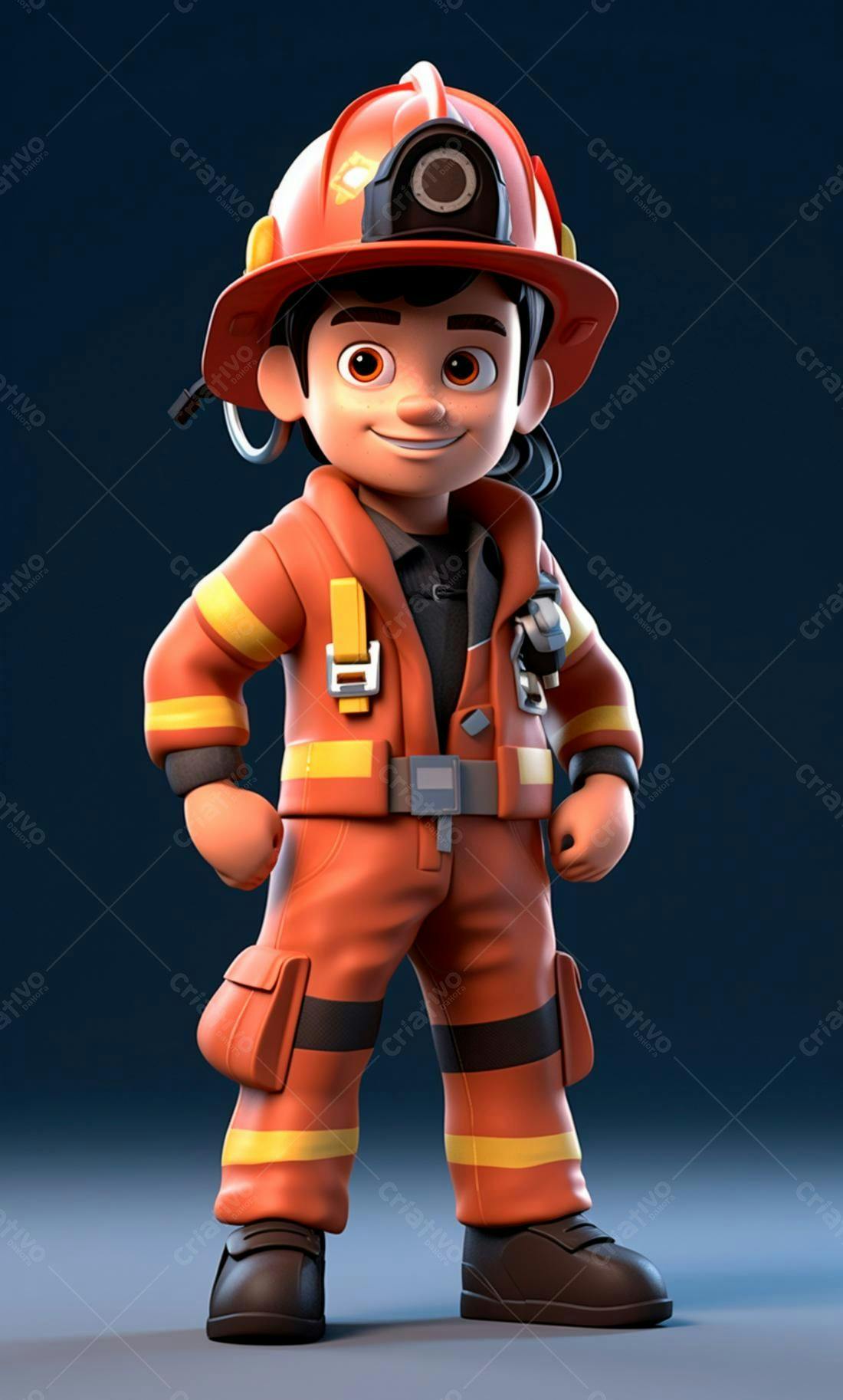 Bombeiro Cartoon Sorrindo Uniforme Laranja