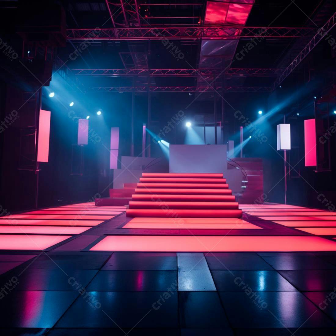 Palco iluminado com escada vermelha para evento