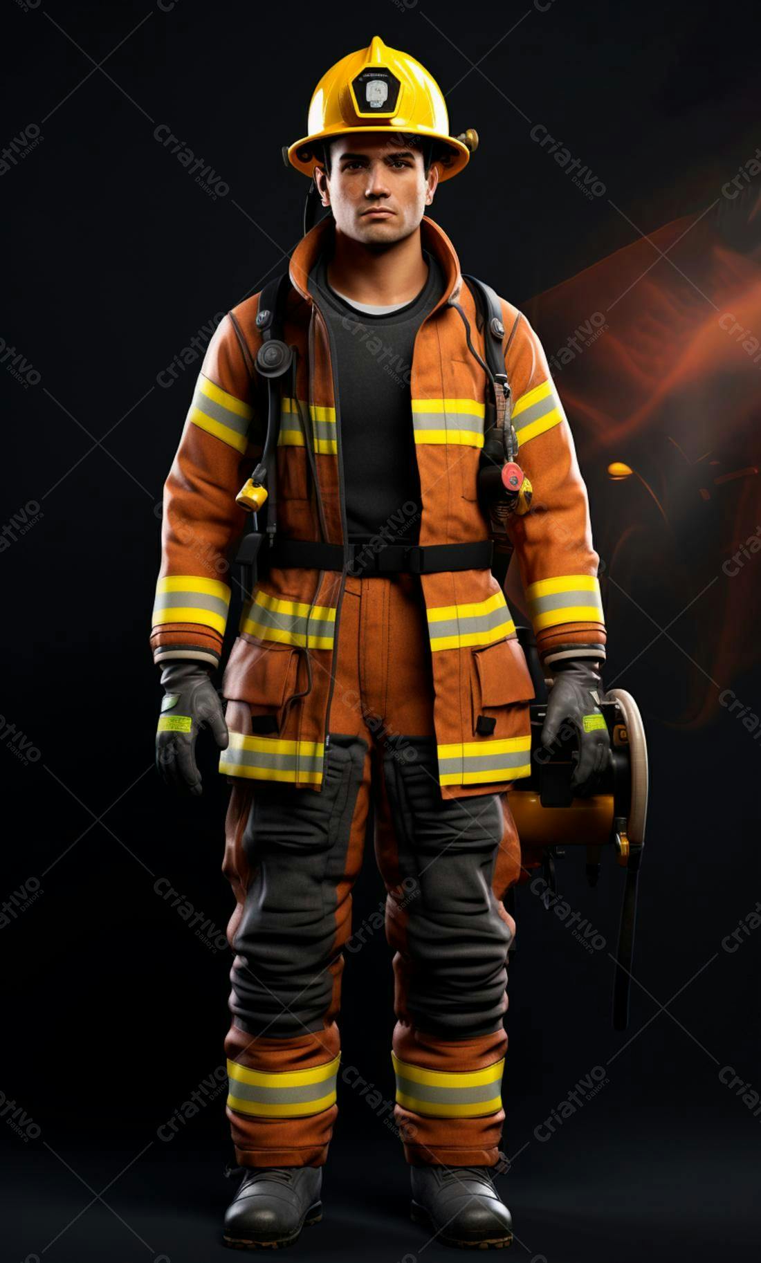 Bombeiro em uniforme laranja e amarelo