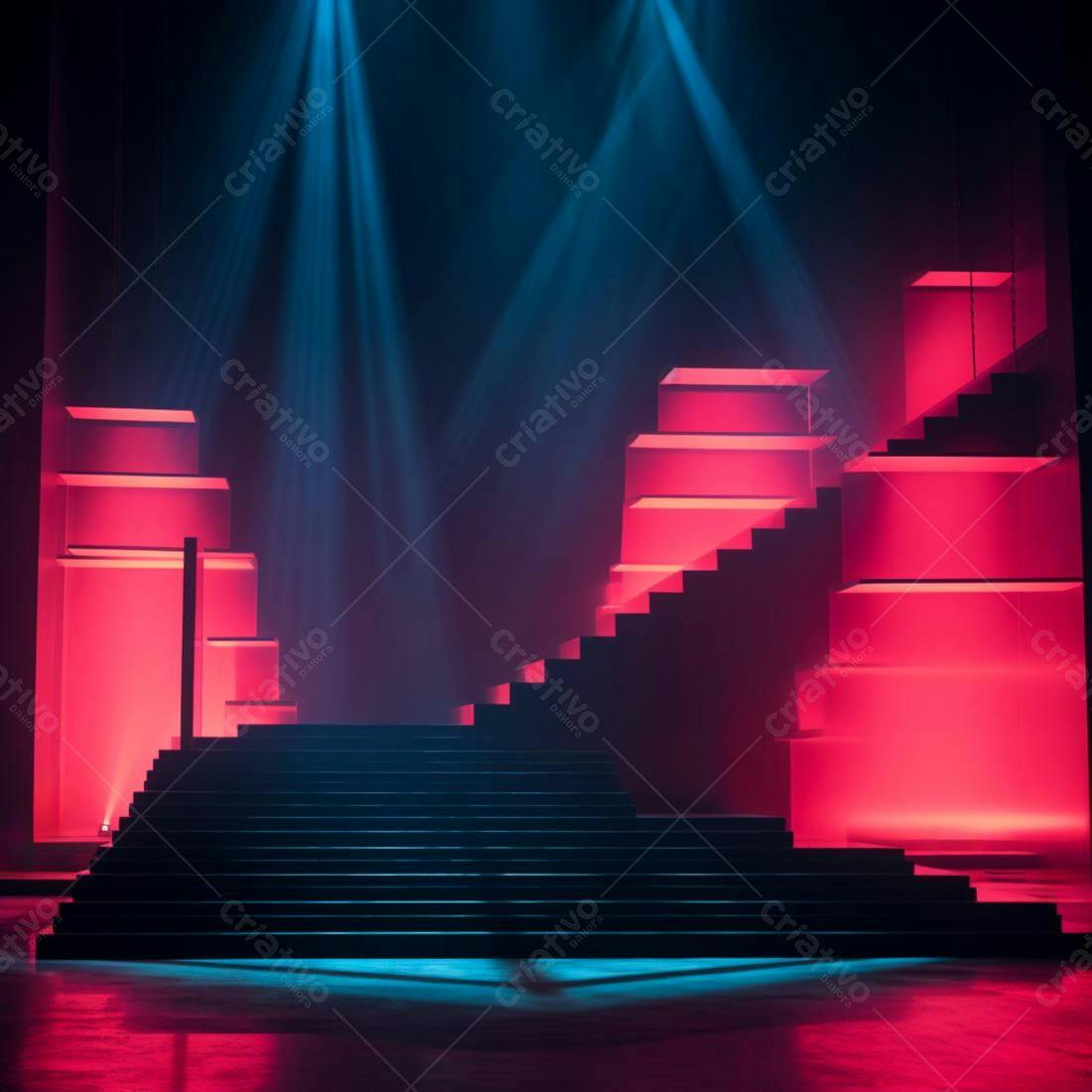 Escadas iluminadas em tons de vermelho e azul