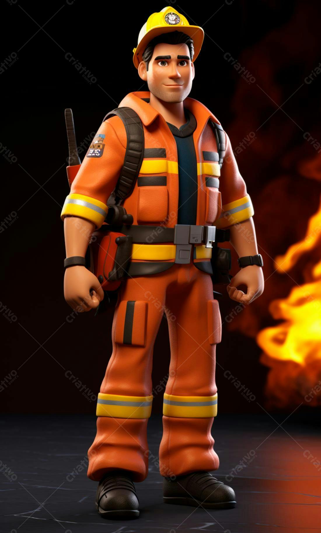 Bombeiro 3D uniforme laranja fundo fogo