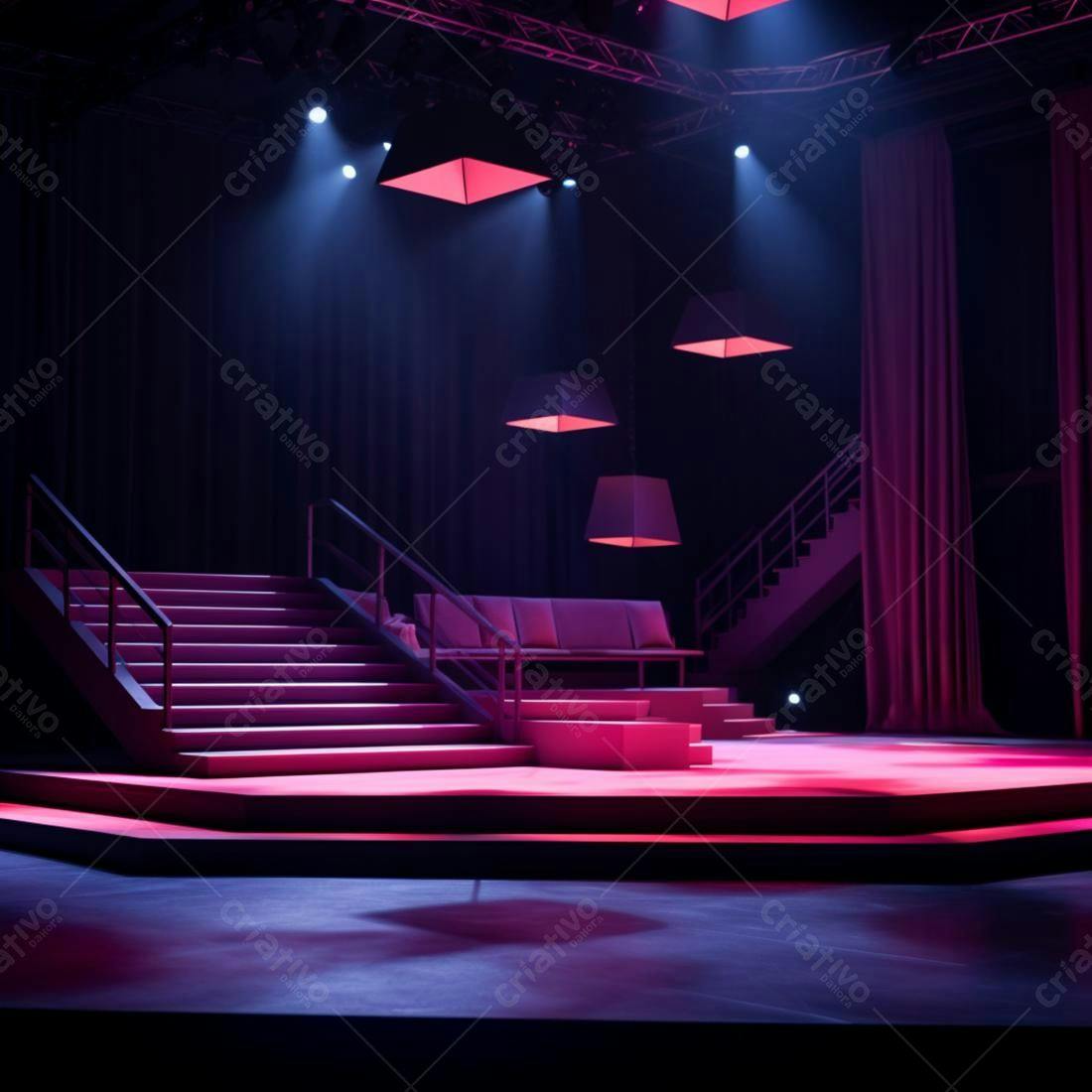 Palco com iluminação rosa e roxa