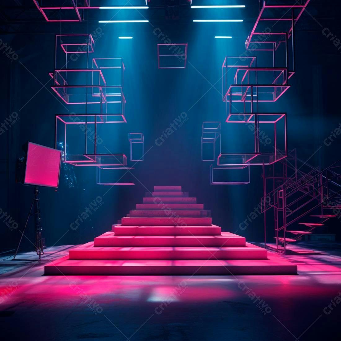 Escada rosa em cenário neon