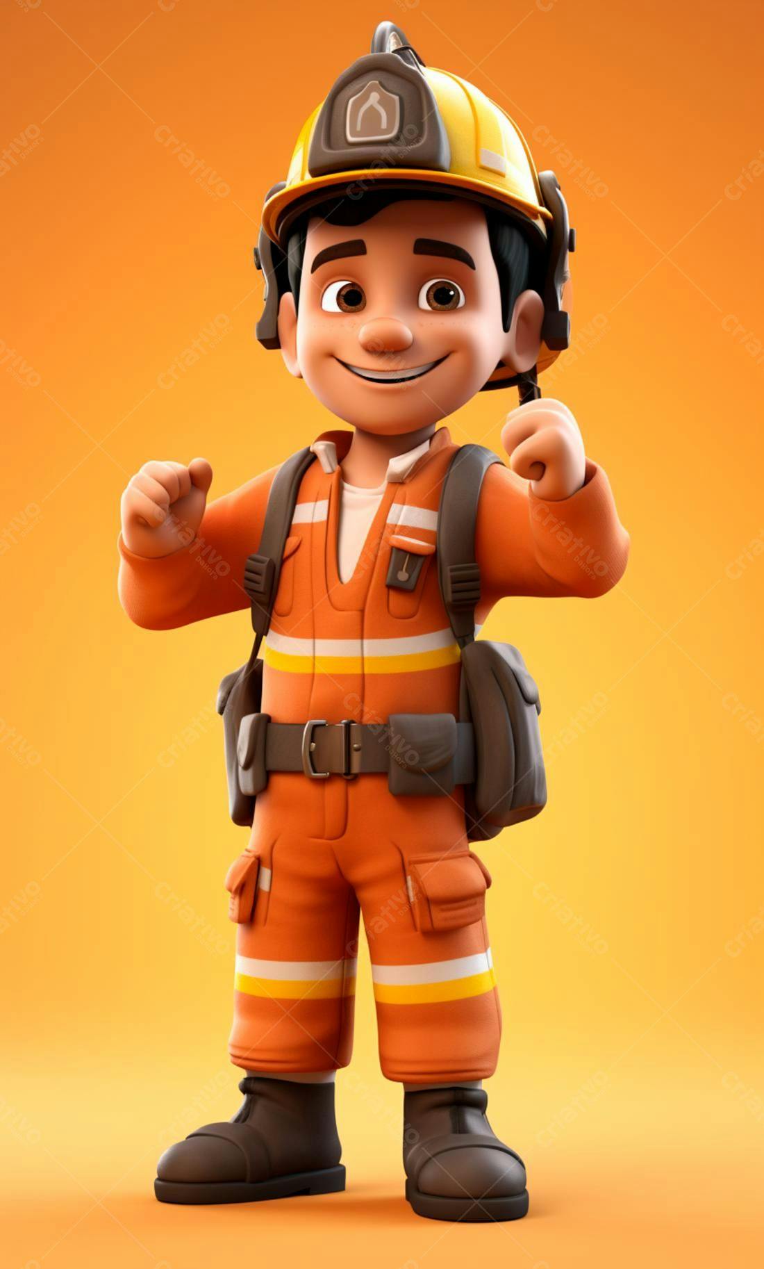 Bombeiro Cartoon Sorrindo Uniforme Laranja