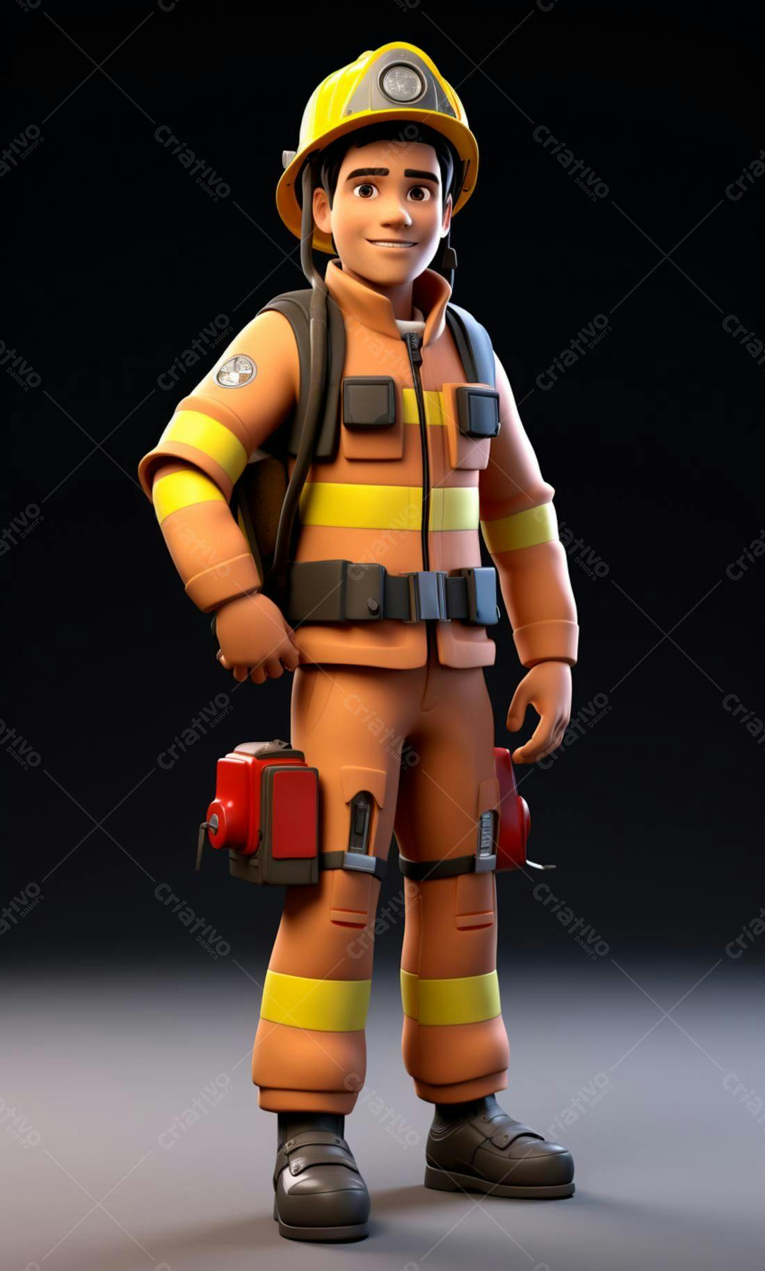 Bombeiro animado uniforme laranja e amarelo