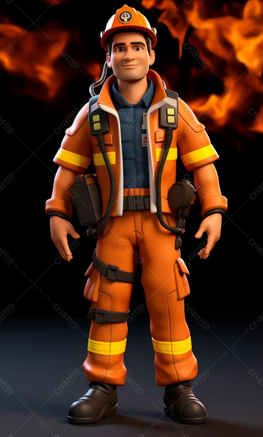 Bombeiro animado uniforme laranja fundo fogo