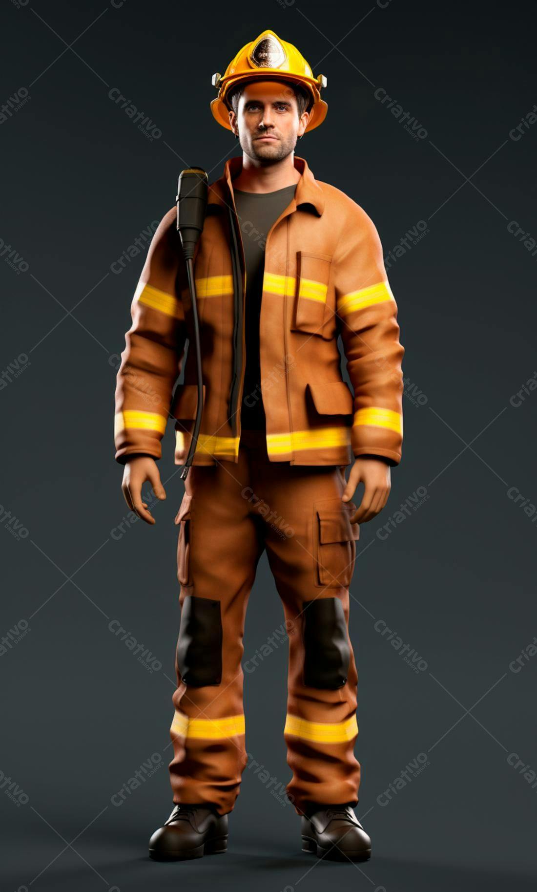 Bombeiro em uniforme marrom e amarelo
