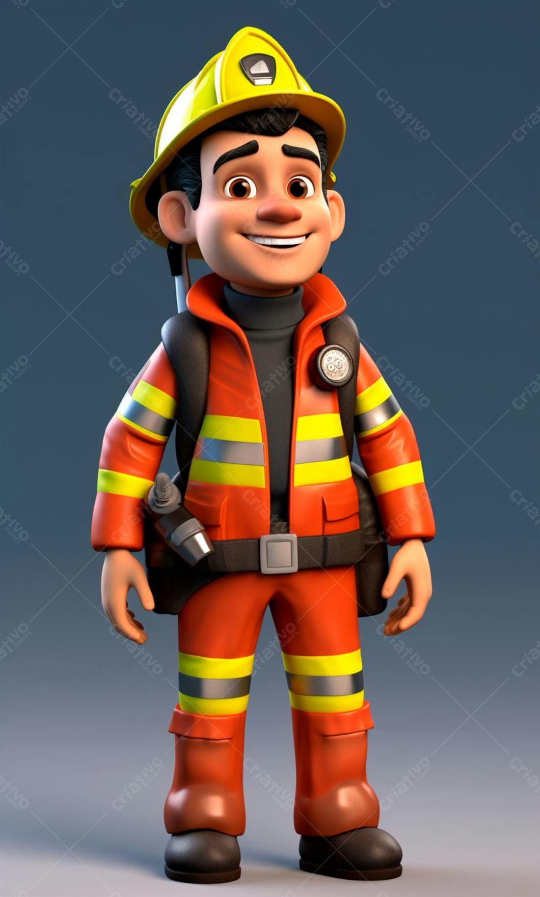 Bombeiro animado sorrindo uniforme vermelho