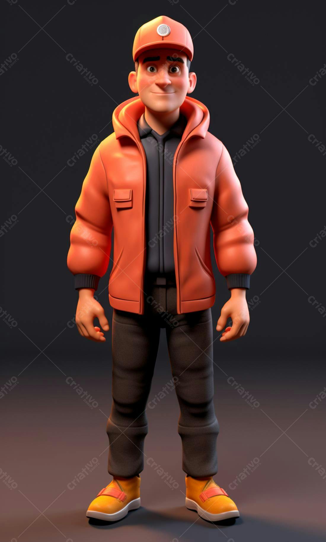 Personagem 3D estilo cartoon vestindo jaqueta laranja