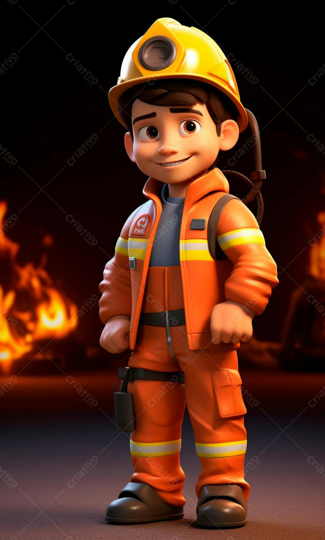 Bombeiro mirim sorrindo uniforme laranja