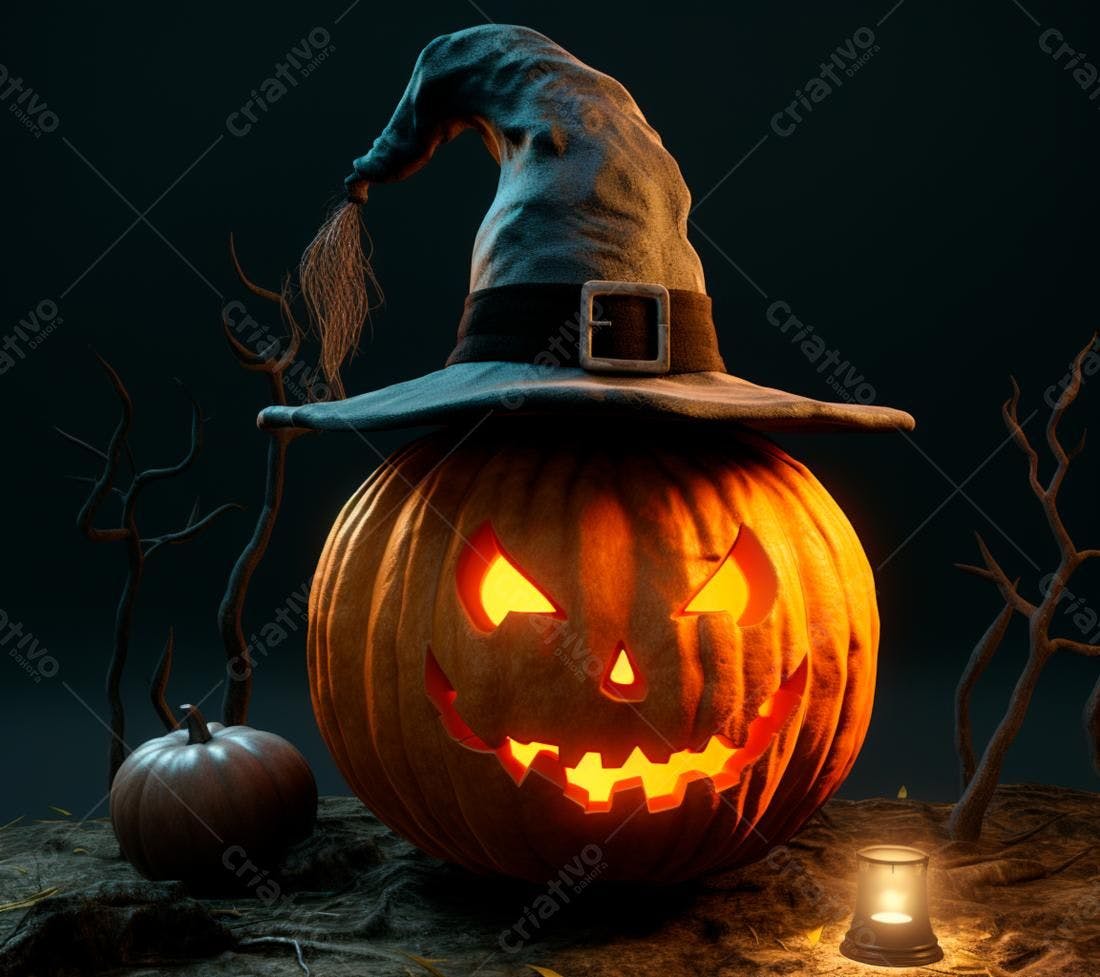 Abóbora Jack-o'-lantern com chapéu de bruxa