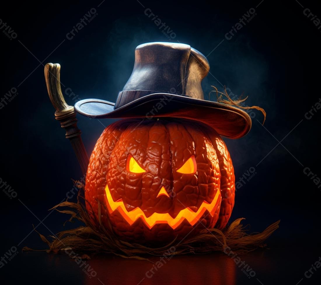 Abóbora de Halloween com chapéu e bengala