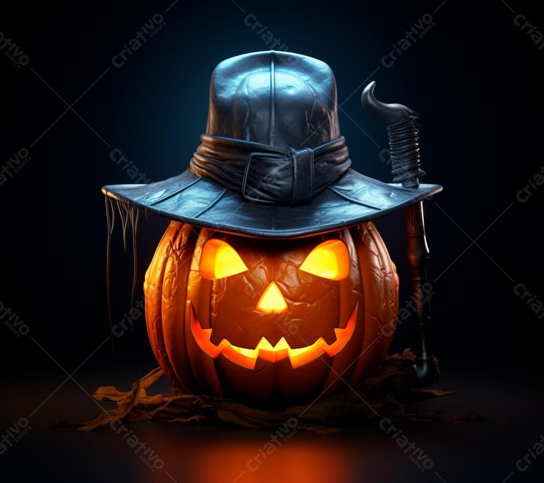 Abóbora de Halloween com chapéu e bengala