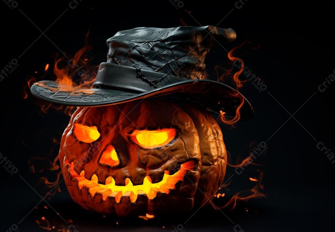 Abóbora de Halloween com chapéu em chamas