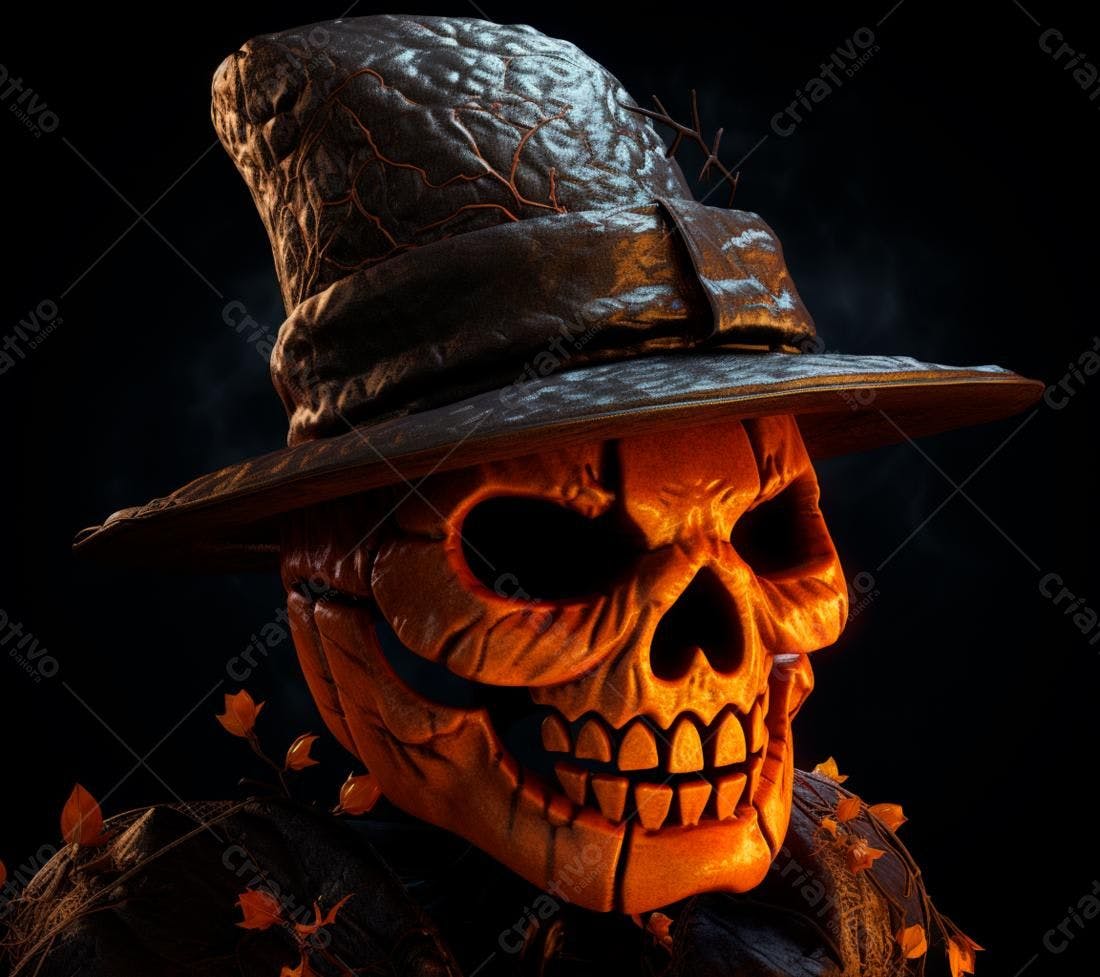 Abóbora Cabeça de Caveira com Chapéu Halloween