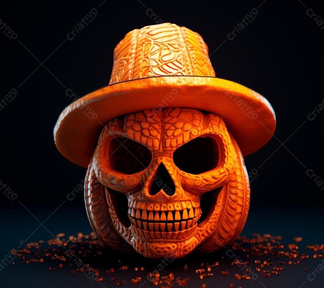 Abóbora talhada com caveira usando chapéu