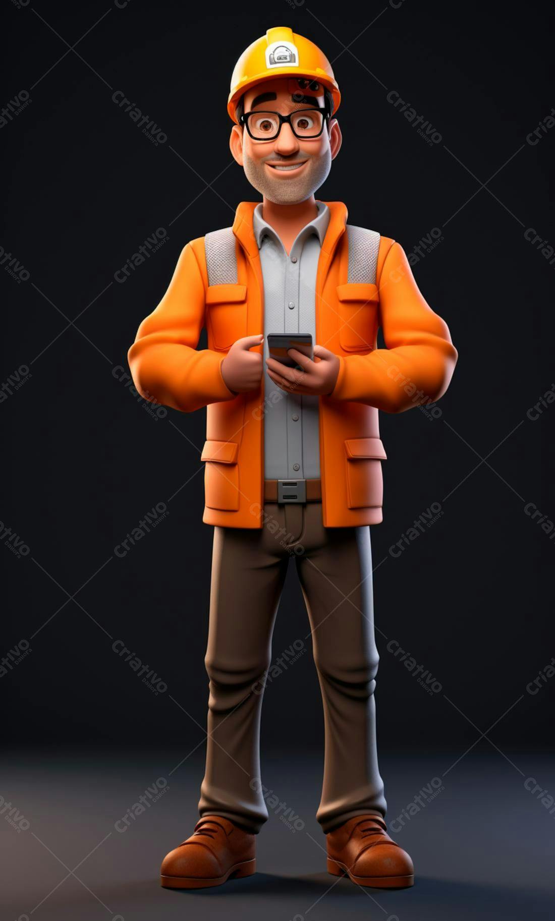 Engenheiro usando celular vestindo uniforme laranja