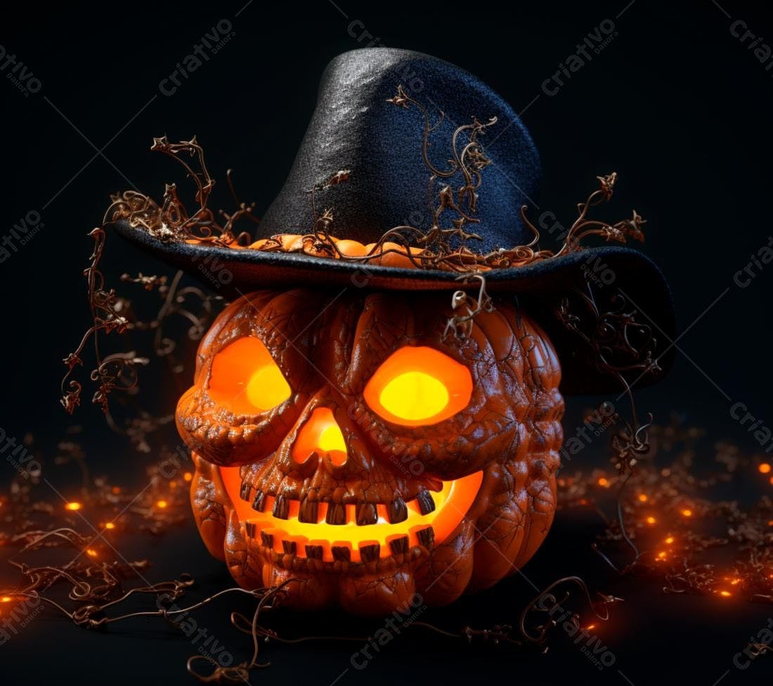 Abóbora de Halloween com chapéu e luzes