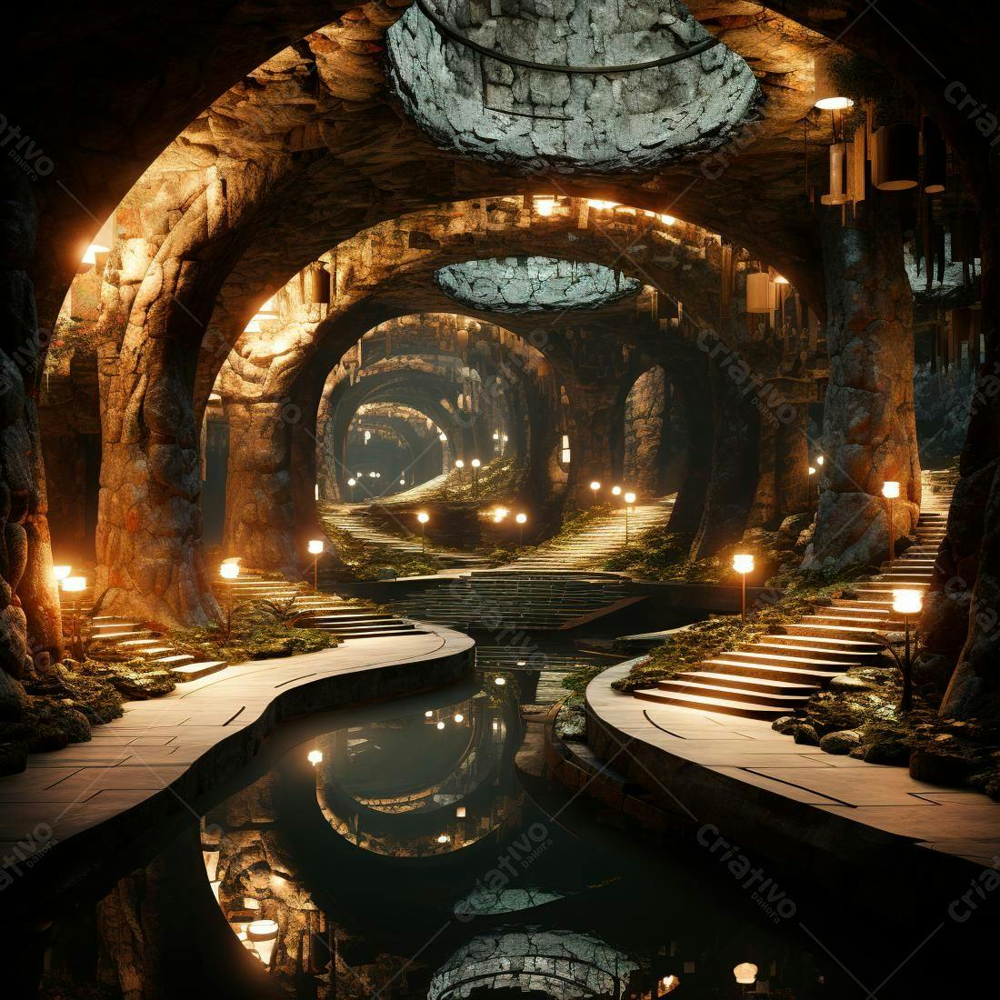 Caminho subterrâneo iluminado com escadas e rio
