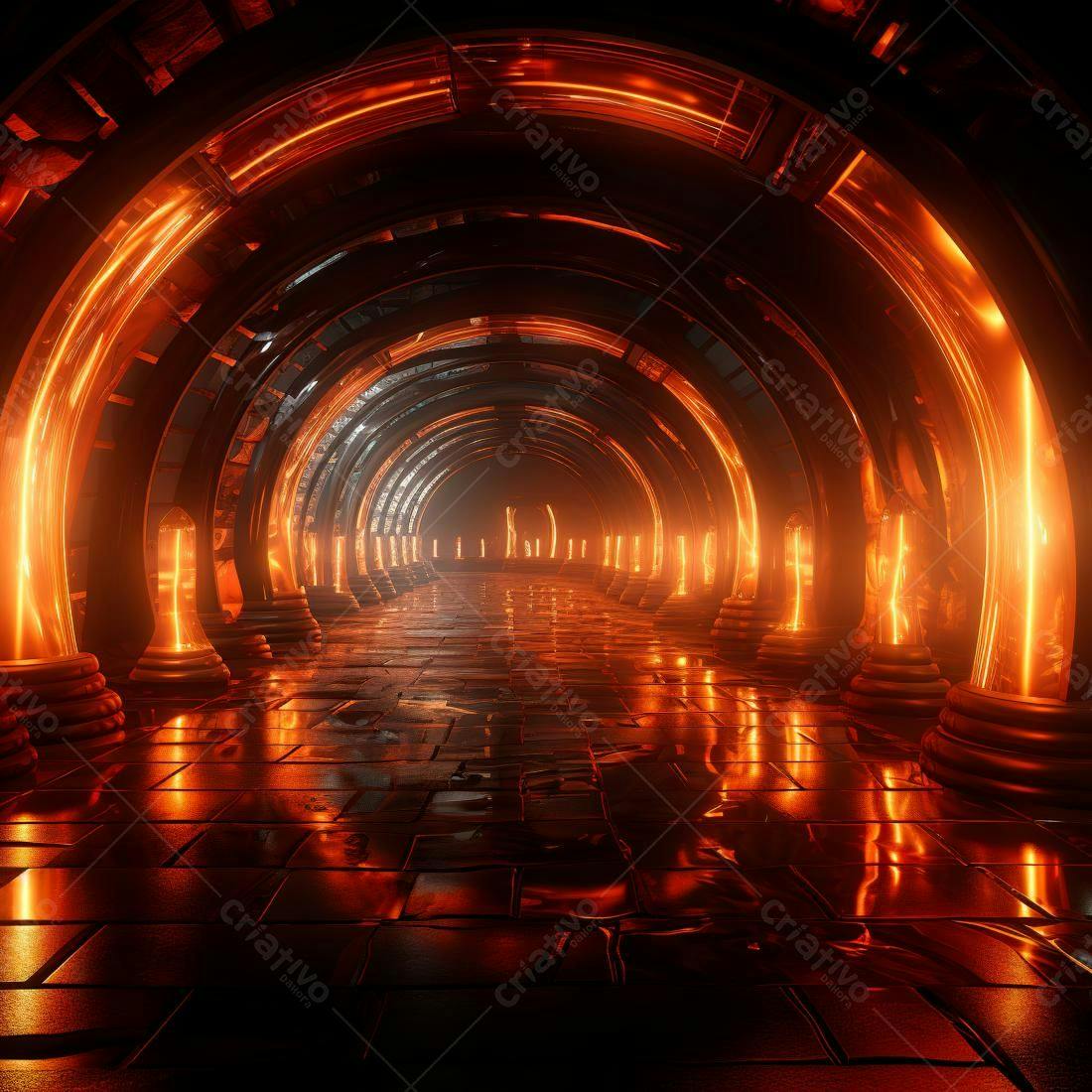 Corredor futurista com iluminação laranja intensa