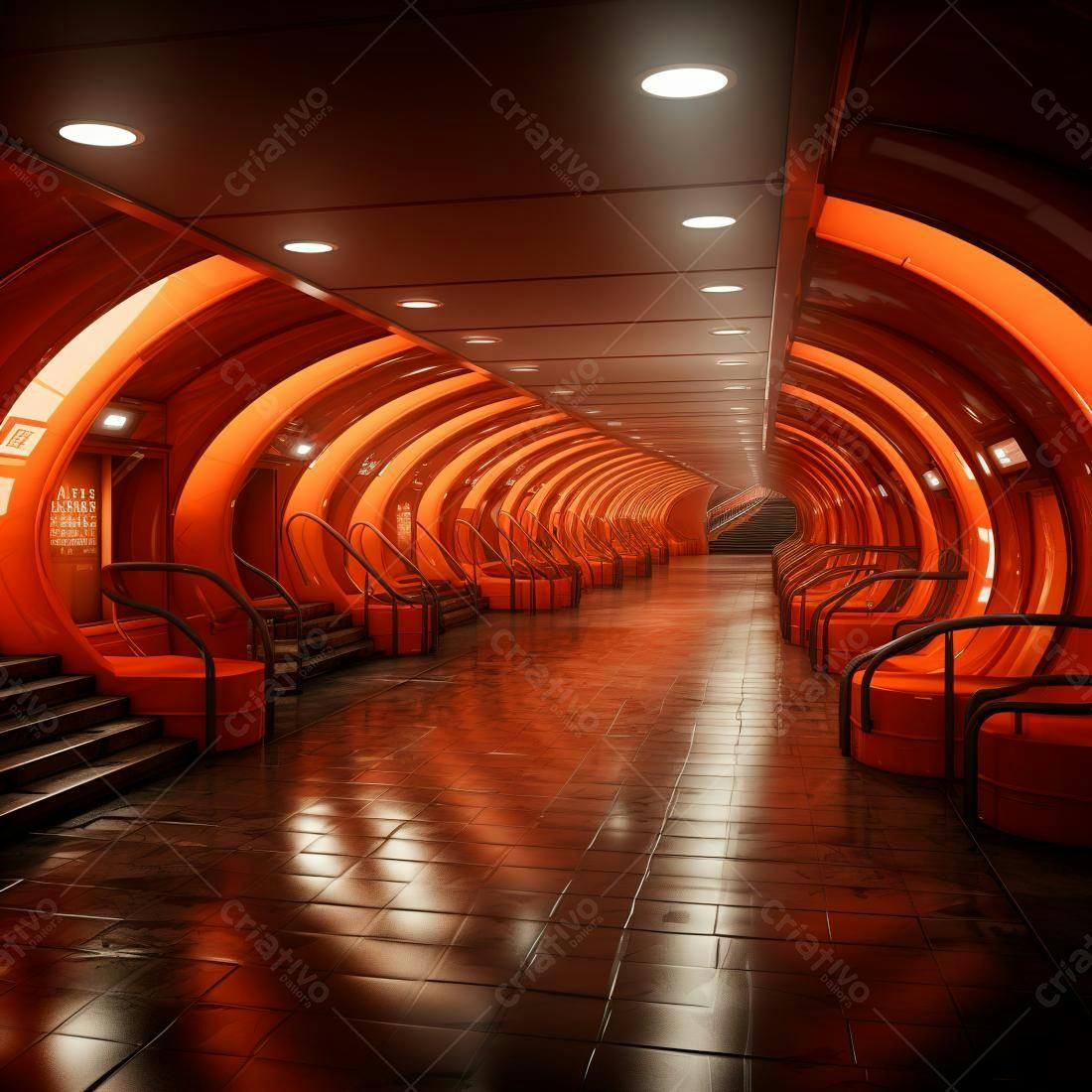 Corredor futurista laranja com assentos curvos