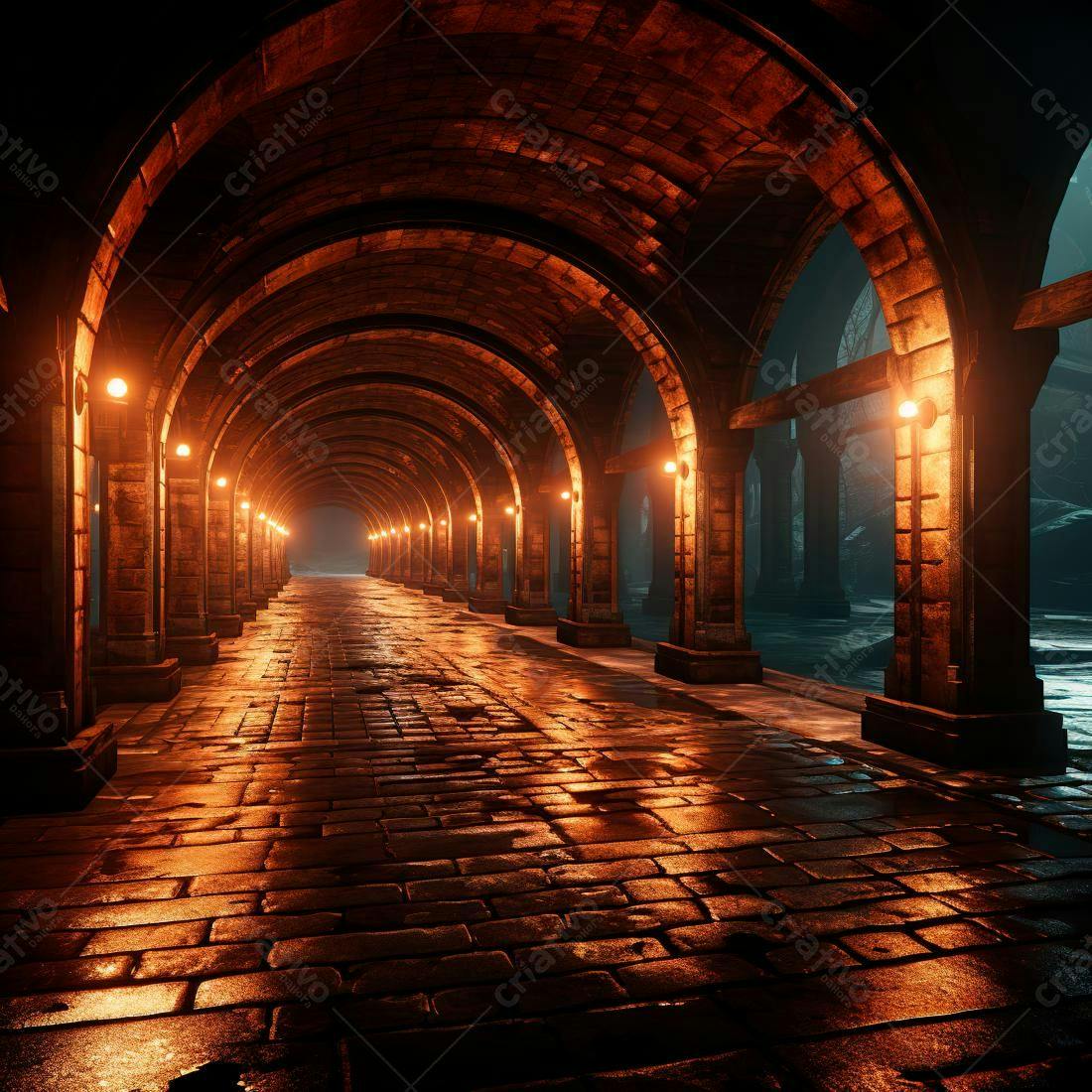 Passagem subterrânea medieval iluminada