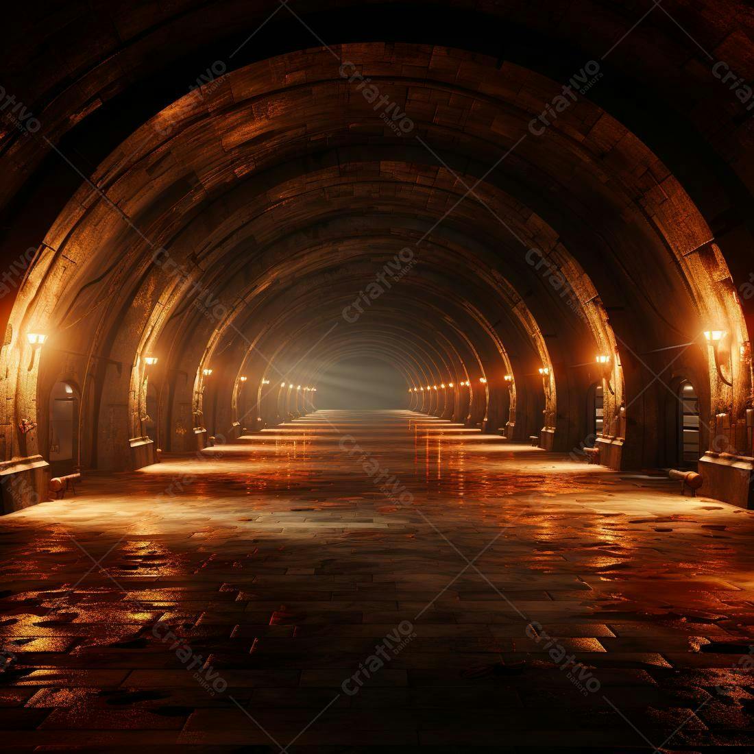 Túnel medieval iluminado com luzes quentes
