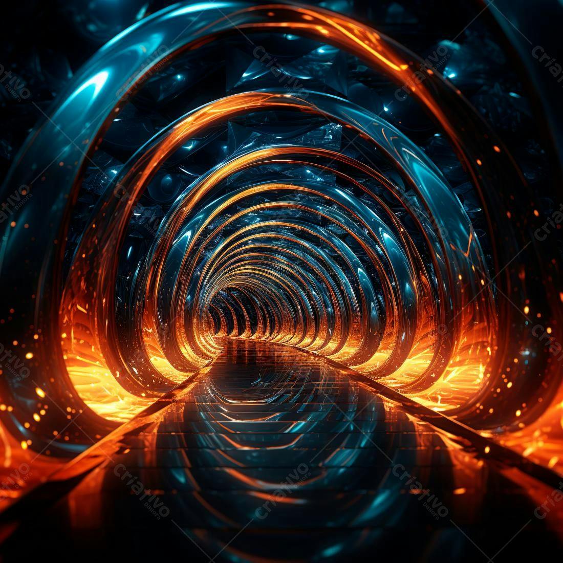 Túnel futurista com luzes laranja e azul