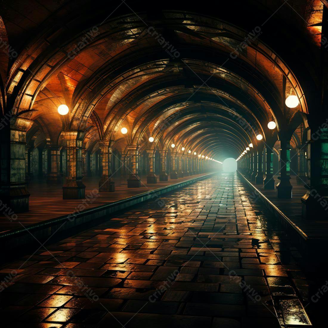 Túnel medieval iluminado à noite
