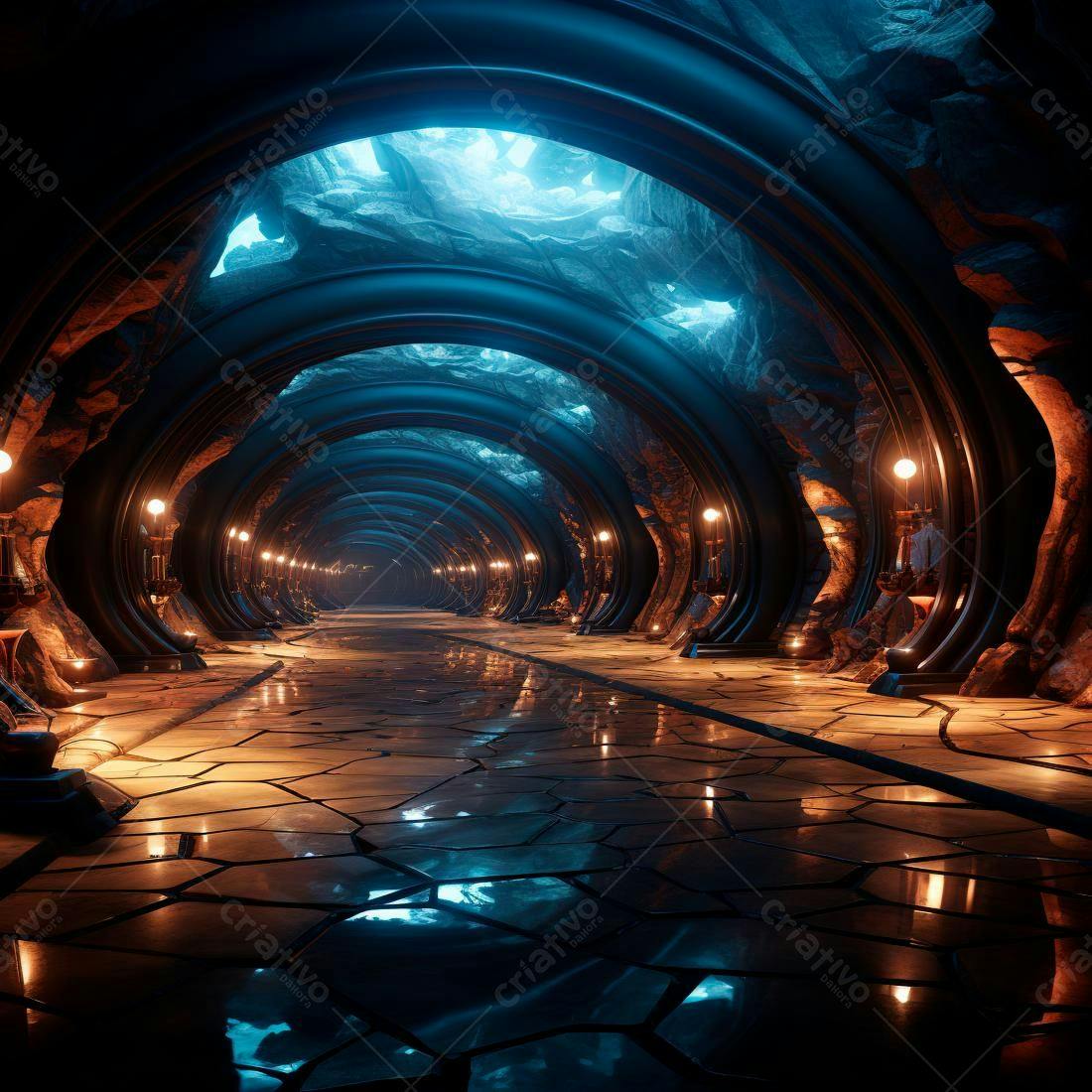 Túnel subterrâneo futurista com iluminação azul e laranja