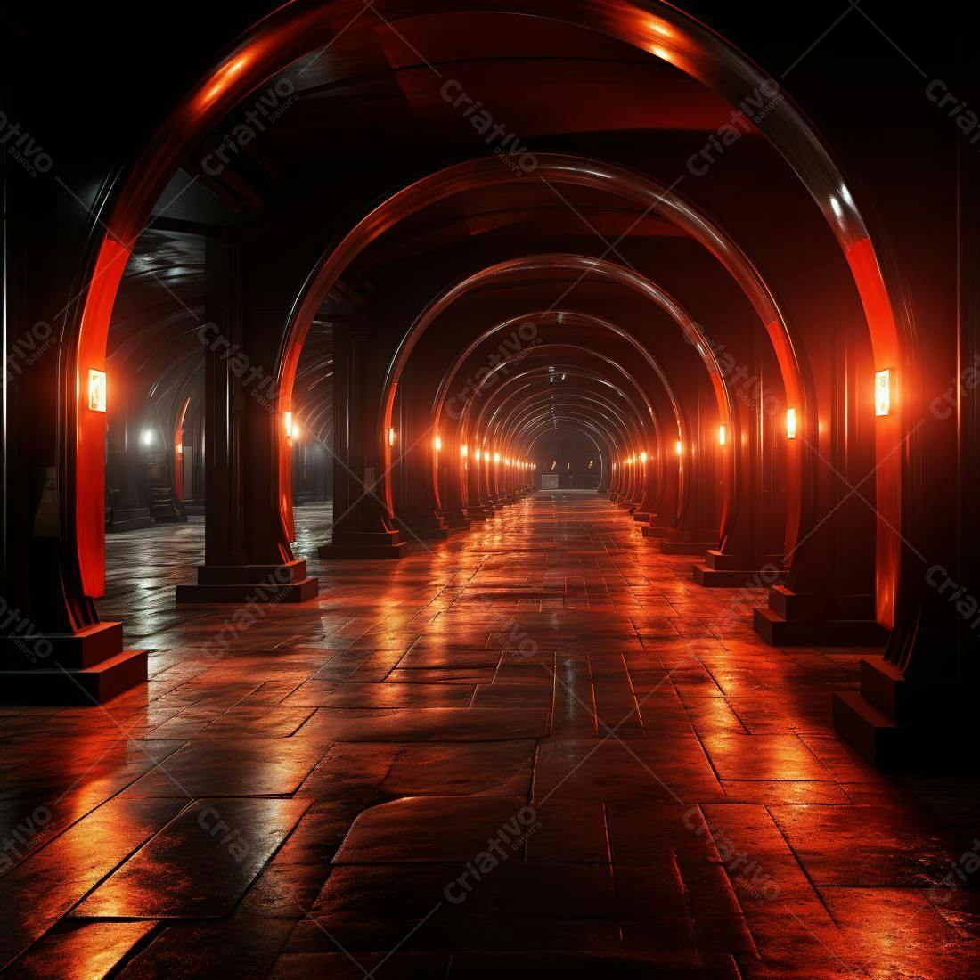 Corredor de arcos iluminado em tons avermelhados
