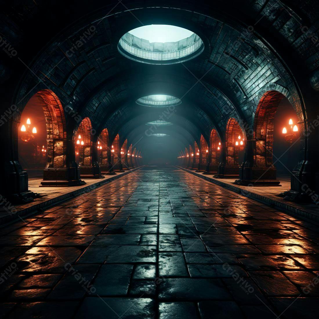 Corredor gótico medieval iluminado a luz de tochas