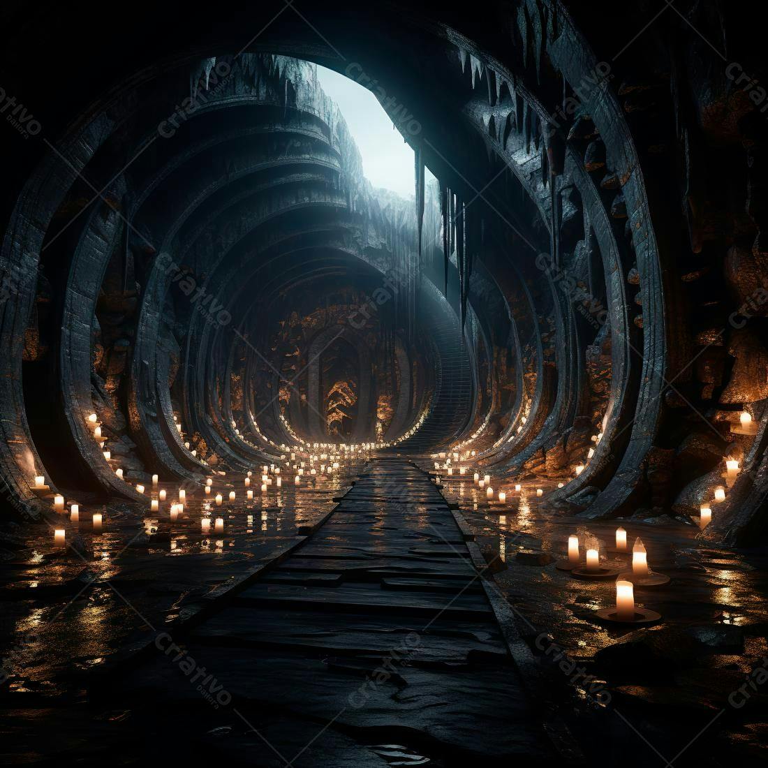 Túnel subterrâneo iluminado por velas