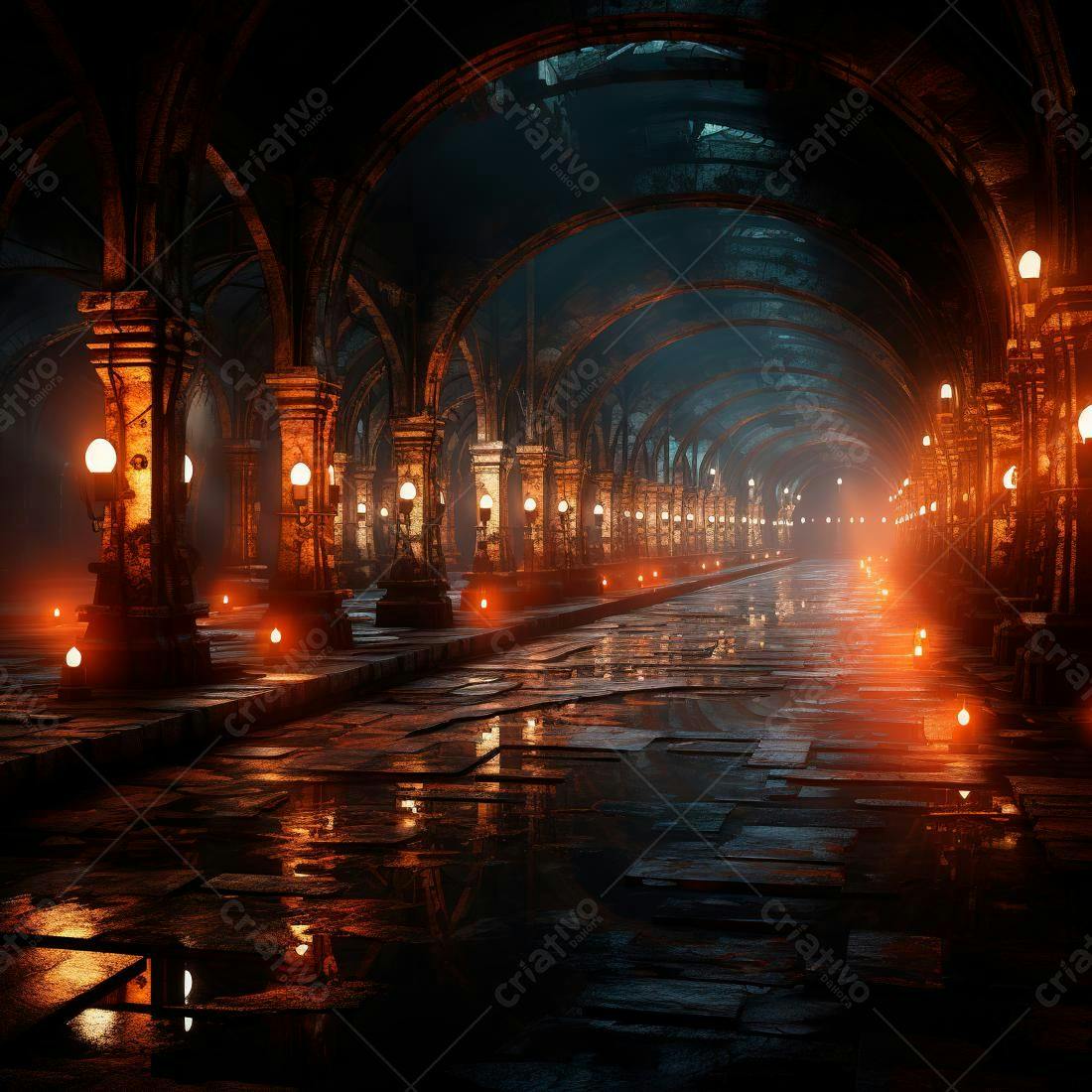 Galeria subterrânea iluminada por tochas