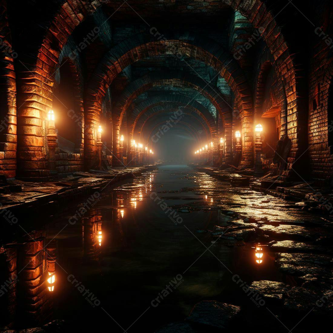 Túnel medieval com rio e iluminação a candeia