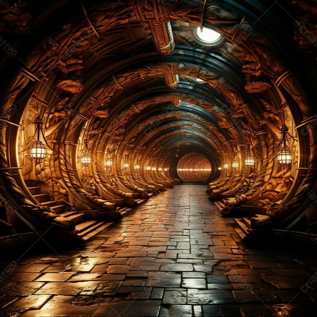 Túnel antigo com iluminação dourada e arquitetura esculpida