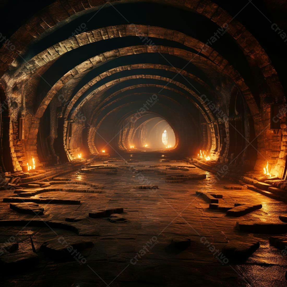 Corredor de pedra medieval iluminado por tochas