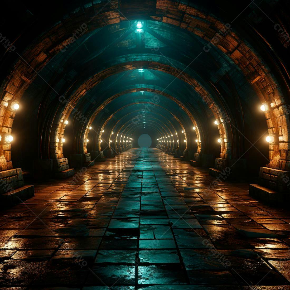 Túnel misterioso com iluminação teal e amarela