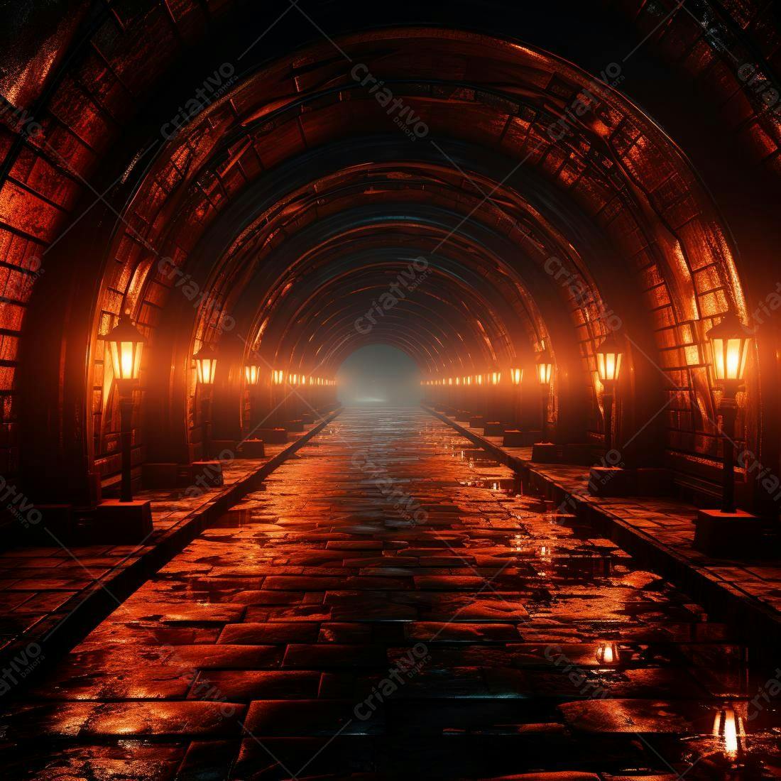 Túnel de pedra com iluminação laranja