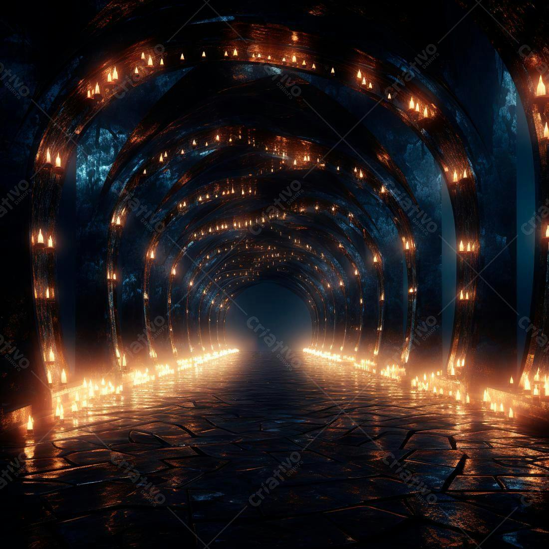 Túnel Iluminado com Velas Laranja e Azul Escuro