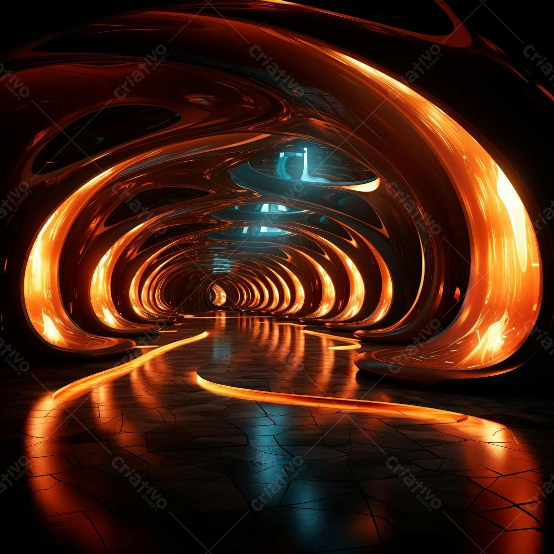 Túnel futurista com iluminação laranja e azul