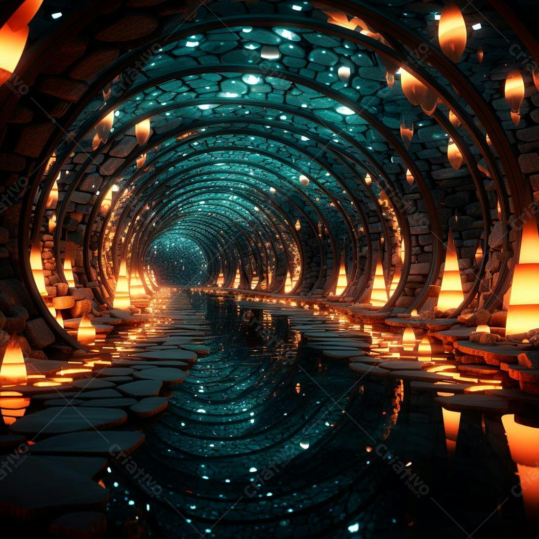 Túnel mágico com luzes laranja e azul