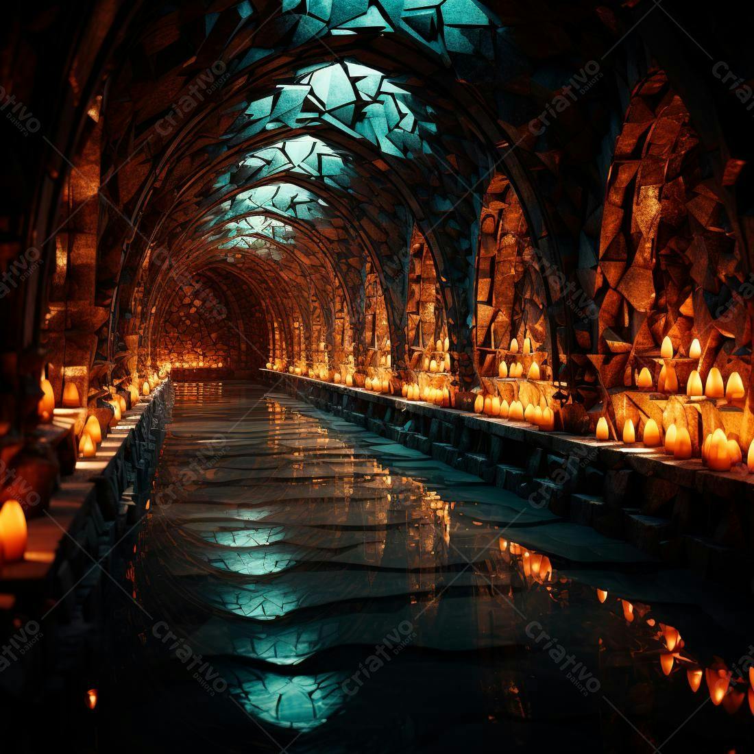 Túnel subterrâneo com velas e água