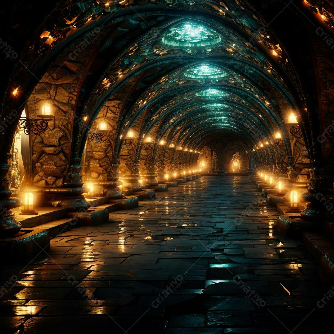 Corredor gótico iluminado por velas