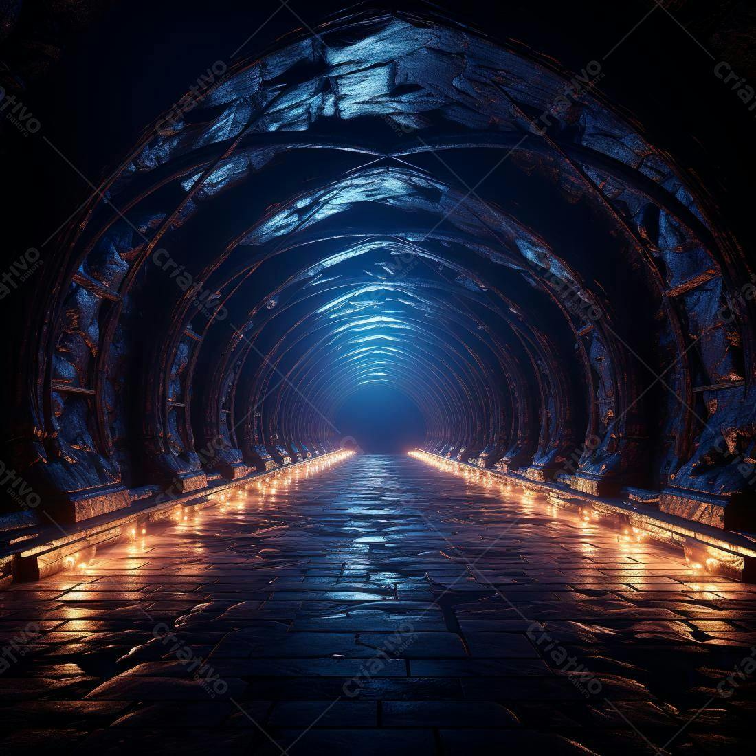 Túnel Gótico com Velas e Luz Azul