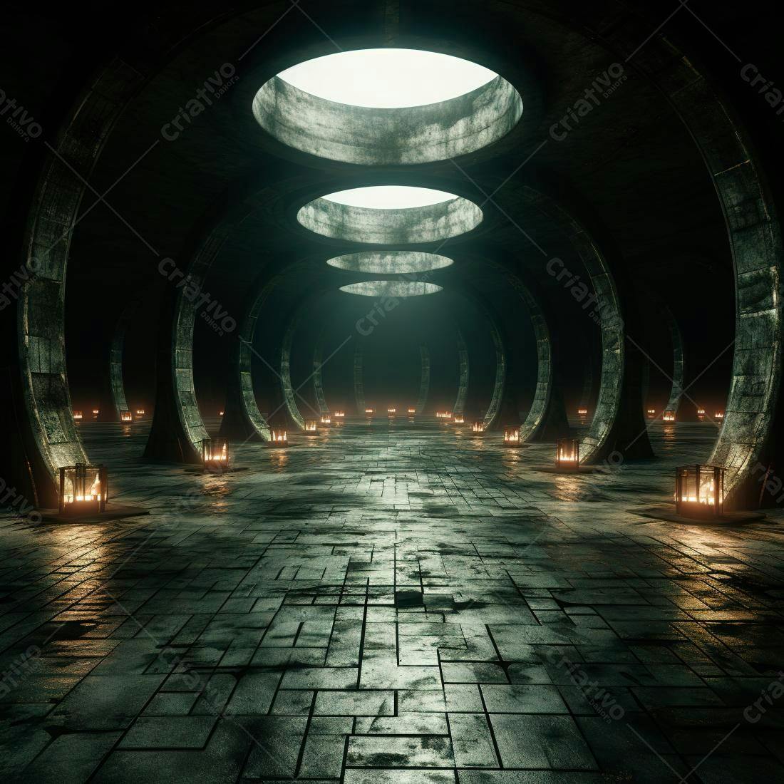 Corredor circular com luzes de velas