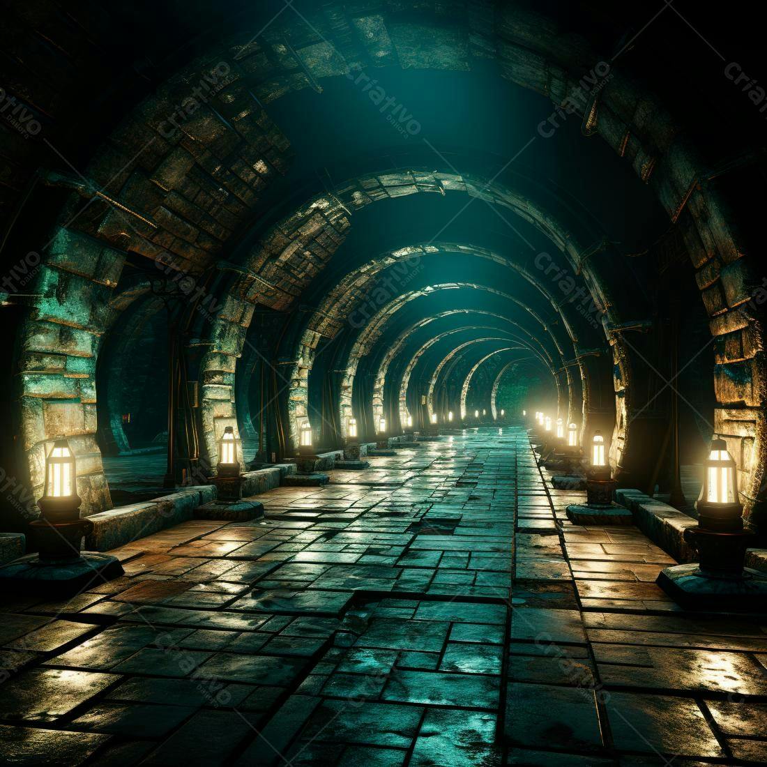 Túnel medieval com iluminação fantasiosa