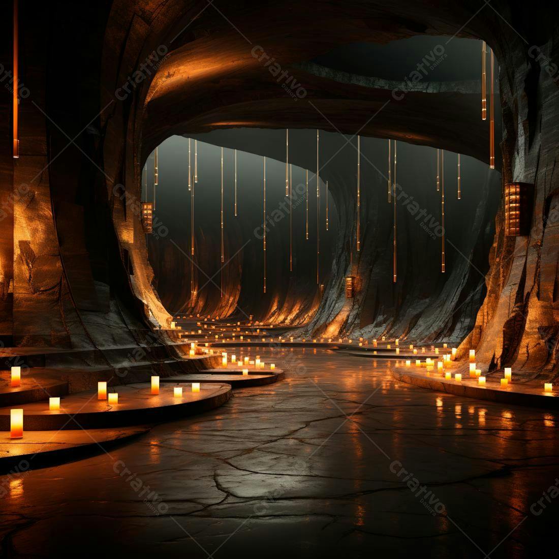 Caminho iluminado por velas em caverna rochosa