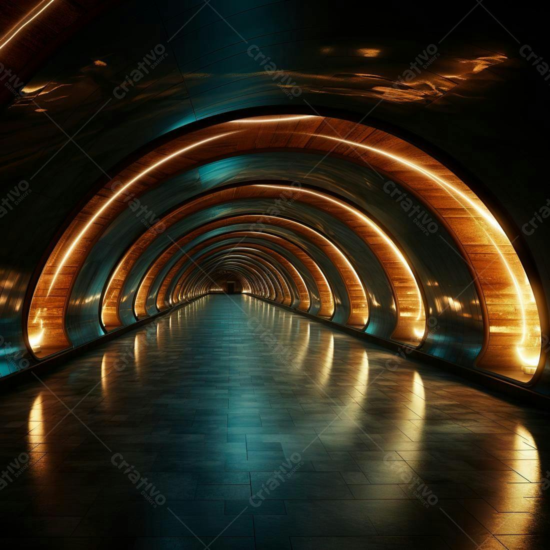 Túnel futurista com iluminação dourada e azul