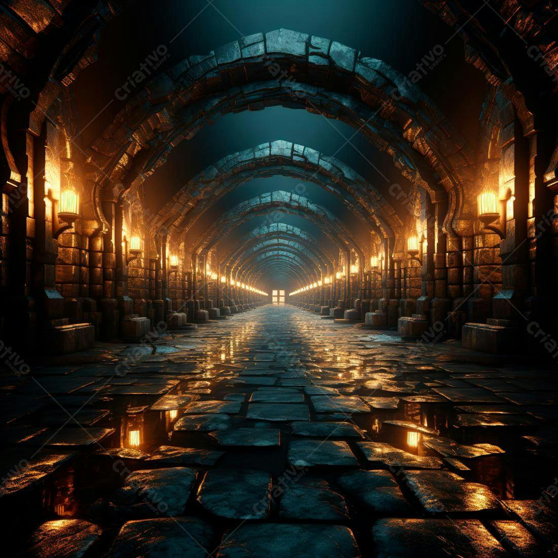 Corredor de pedra medieval iluminado por tochas